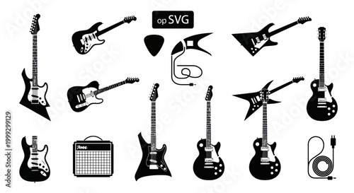Electric Guitar Collection Set Silhouette Vector Illustration
