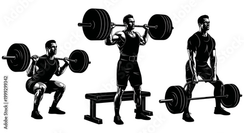 Man Doing Strength Training: Squat, Overhead Press, Deadlift Exercises