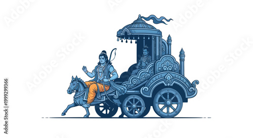 Lord Rama riding horse-drawn chariot with Lakshmana, ancient Indian mythology illustration