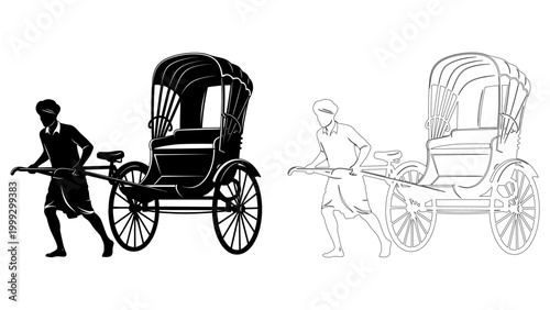 Vector illustration of rickshaw with man pulling in black and white