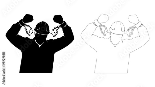 Man in hard hat with broken chains on wrists in black silhouette and line art
