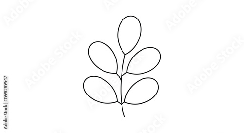 Minimalist black and white line drawing features a single plant stem with six small rounded leaves arranged in symmetrical pairs.