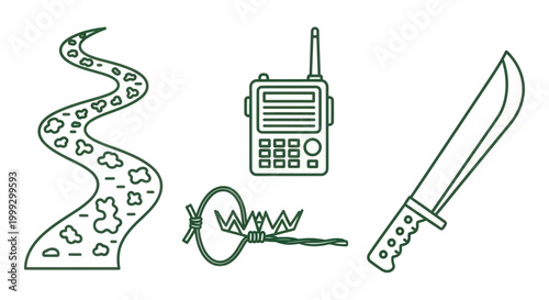 Survival Gear Icons: Machete, Walkie-Talkie, Trap, River