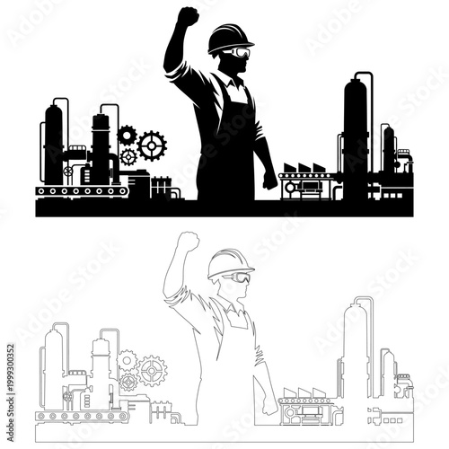 Black and white industrial worker silhouette with factory background