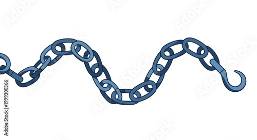 Sturdy metal chain links in varying shades of blue curve across the frame, ending with a large industrial-style hook on the right side.
