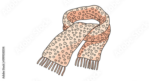 Knitted winter scarf in a soft pink shade features a repetitive pattern of small hearts and fringed edges on a plain background.