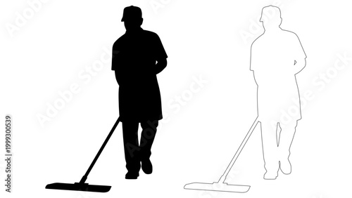 Silhouette of a man in a hat holding a broom