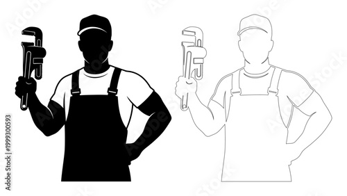 Black and white silhouette plumber holding adjustable wrenches