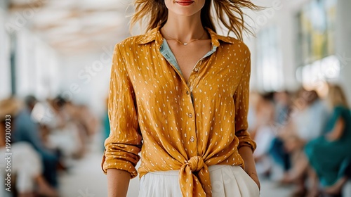 A stylish close-up of a woman in a vibrant yellow shirt tied at the waist, exuding confidence and modern fashion trends in a lively, casual atmosphere.