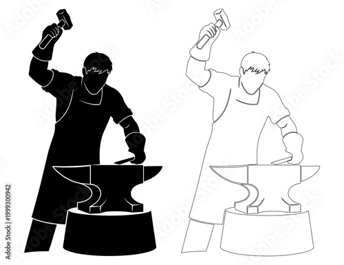 Black and white illustrations of a blacksmith working on an anvil