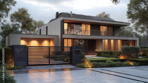 Modern two-story house with glass balcony and horizontal slatted gate, illuminated landscaped yard and wet reflective driveway at dusk, calm and inviting atmosphere