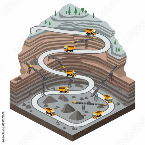 Open pit mine with trucks and winding road illustration.