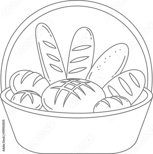 Quadro su tela Basket of bread line art drawing with baked goods