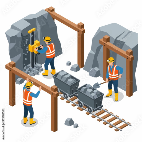 Miners working in a mine extracting minerals with equipment.