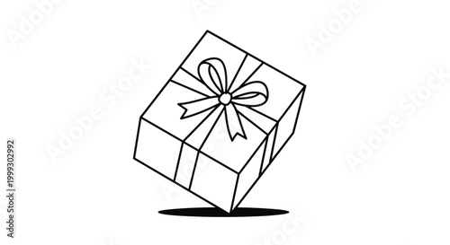 Classic line drawing of a square gift box tied with a neat bow on top represents celebration and the joy of giving presents.