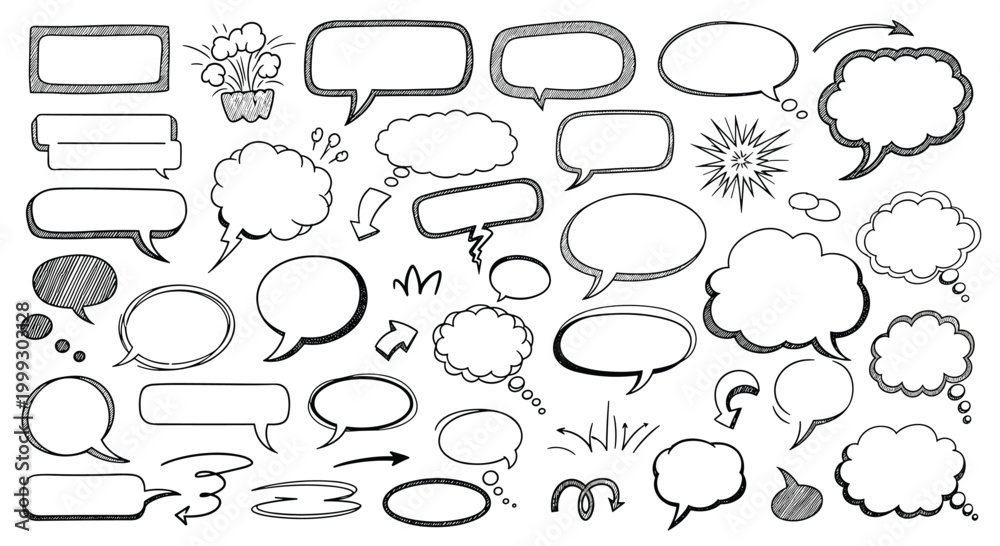 Fototapeta premium Large set of various hand sketched speech bubbles and thought bubbles with decorative arrows for creative storytelling.