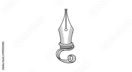 Vintage style illustration of a fountain pen nib with ornate engravings and a decorative scroll at the base of the metal.