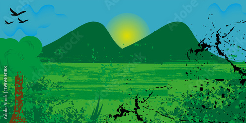Beautiful mountain landscape at sunrise with trees and flying birds vector