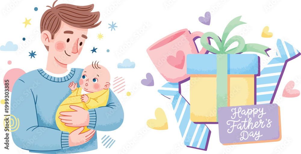 Obraz premium Happy Father's Day Illustration with Young Father Holding a Newborn Baby, Gift Box, and Coffee Cup on White Background