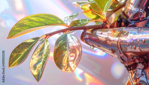 Close-up of a plant branch with shimmering leaves and rainbow light refractions.