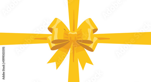 Bright yellow gift bow with matching ribbons crossed horizontally and vertically on a white background for festive decoration.