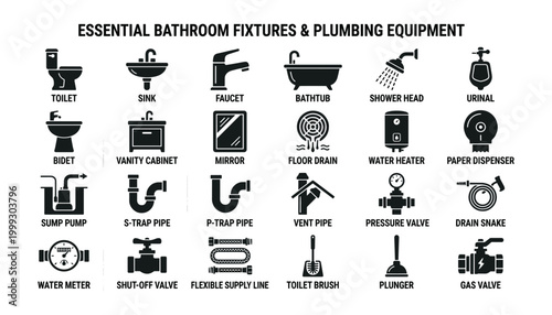 Essential bathroom fixtures and plumbing equipment icons, vector flat style on transparent background.