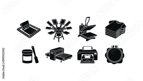 Screen printing equipment icons vector transparent set for apparel production and t shirt design.