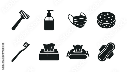 Hygiene and personal care icons set vector shaving razor soap mask toothbrush sponge wet wipes.