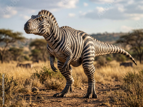 Realistic dinosaur zebra hybrid with striped skin and powerful body