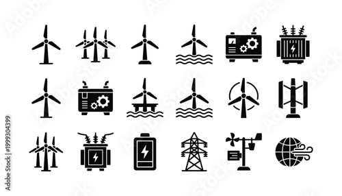 Set of clean energy wind turbine icons and related technology on transparent background vector.