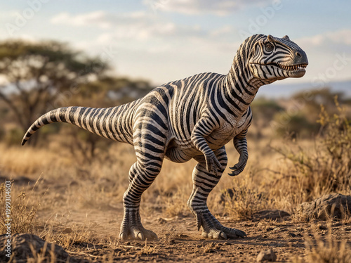 Realistic dinosaur zebra hybrid with striped skin and powerful body