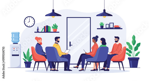 Group of diverse people sits patiently in a waiting room near a closed office door with a water cooler nearby.