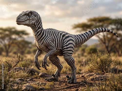 Realistic dinosaur zebra hybrid with striped skin and powerful body