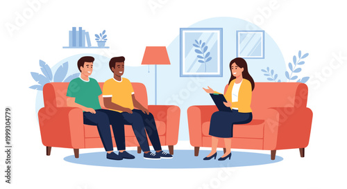 Professional female therapist listens to and advises a young couple or two men during a session in a cozy office.