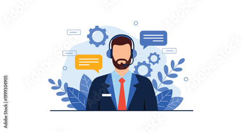 Male customer support representative wearing a headset with gear and speech bubble icons in the background representing service.
