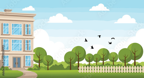 Large modern apartment building overlooking a green park with trees and a white picket fence under a blue cloudy sky.