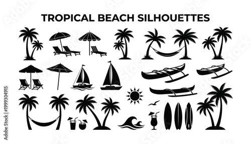Tropical beach silhouettes with palm trees umbrellas and beach accessories on transparent background vector.