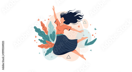 Joyful woman jumping with her arm raised among colorful autumn leaves and abstract shapes representing happiness and freedom.