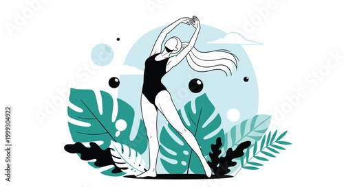 Artistic illustration of a woman in a black swimsuit stretching among large green tropical leaves and abstract bubbles.