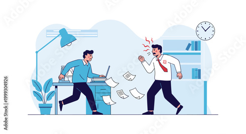 Angry boss shouting at a stressed employee in a messy office environment with papers flying in the air.