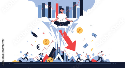 Calm man meditating above a chaotic scene of financial market crash with red arrows and people running away.
