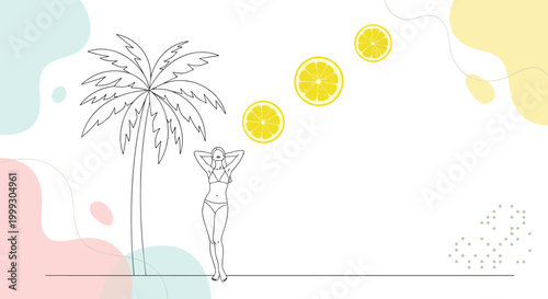 Abstract summer illustration of a woman in a bikini relaxing under a palm tree with flying lemon slices and colorful shapes.