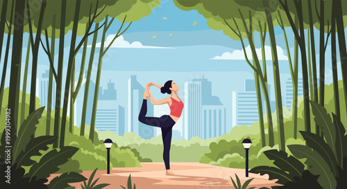Fit young woman practicing the dancer yoga pose on a path in a lush green park with a modern city skyline in the distance.