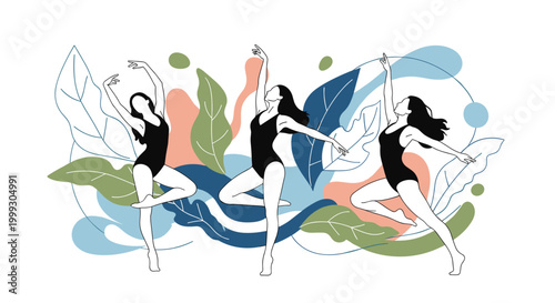 Artistic illustration of three women in black swimsuits dancing gracefully among large colorful tropical leaves and abstract shapes.