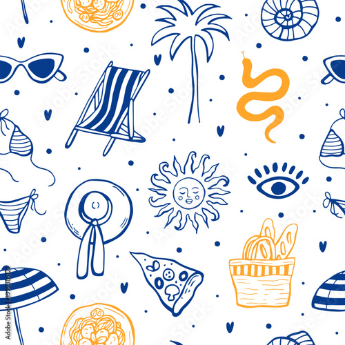 Coastal summer mediterranean seamless pattern with doodle illustrations in yellow and blue colors. Beach vacation graphic vector modern design. Dolce vita in sketch style. Pizza, palm, sunglasses
