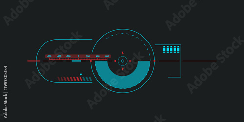 Futuristic neon HUD interface with circular target scanner, crosshair, measurement scale and ammo indicator. Cyberpunk sci-fi user interface element for game UI, virtual display, targeting system, das