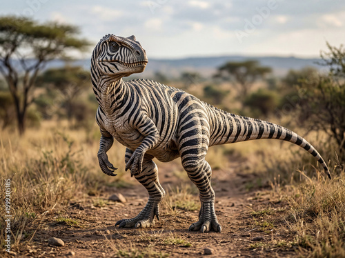 Realistic dinosaur zebra hybrid with striped skin and powerful body