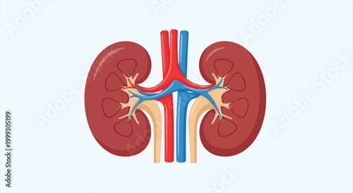 Anatomical illustration of human kidneys with major blood vessels
