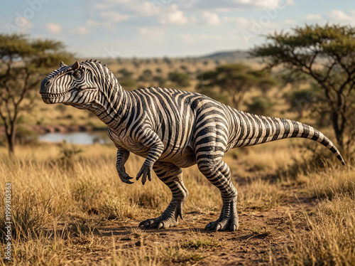 Realistic dinosaur zebra hybrid with striped skin and powerful body