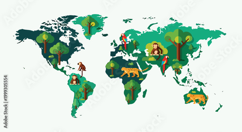 Canvas Print A colorful world map with animals and trees
